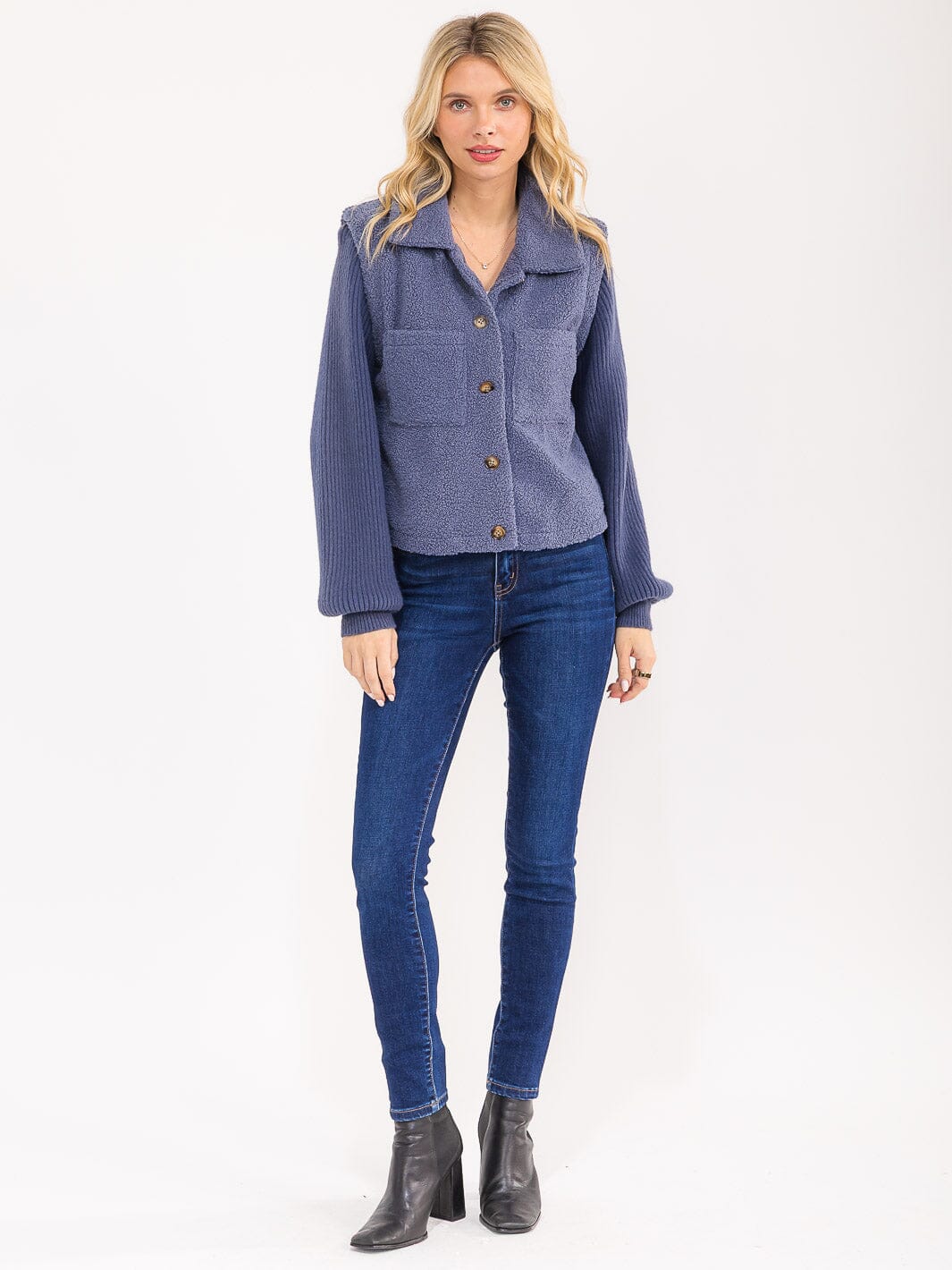 WOMEN'S LONG SLEEVE BUTTON UP FRONT POCKETS CONTRAST JACKET