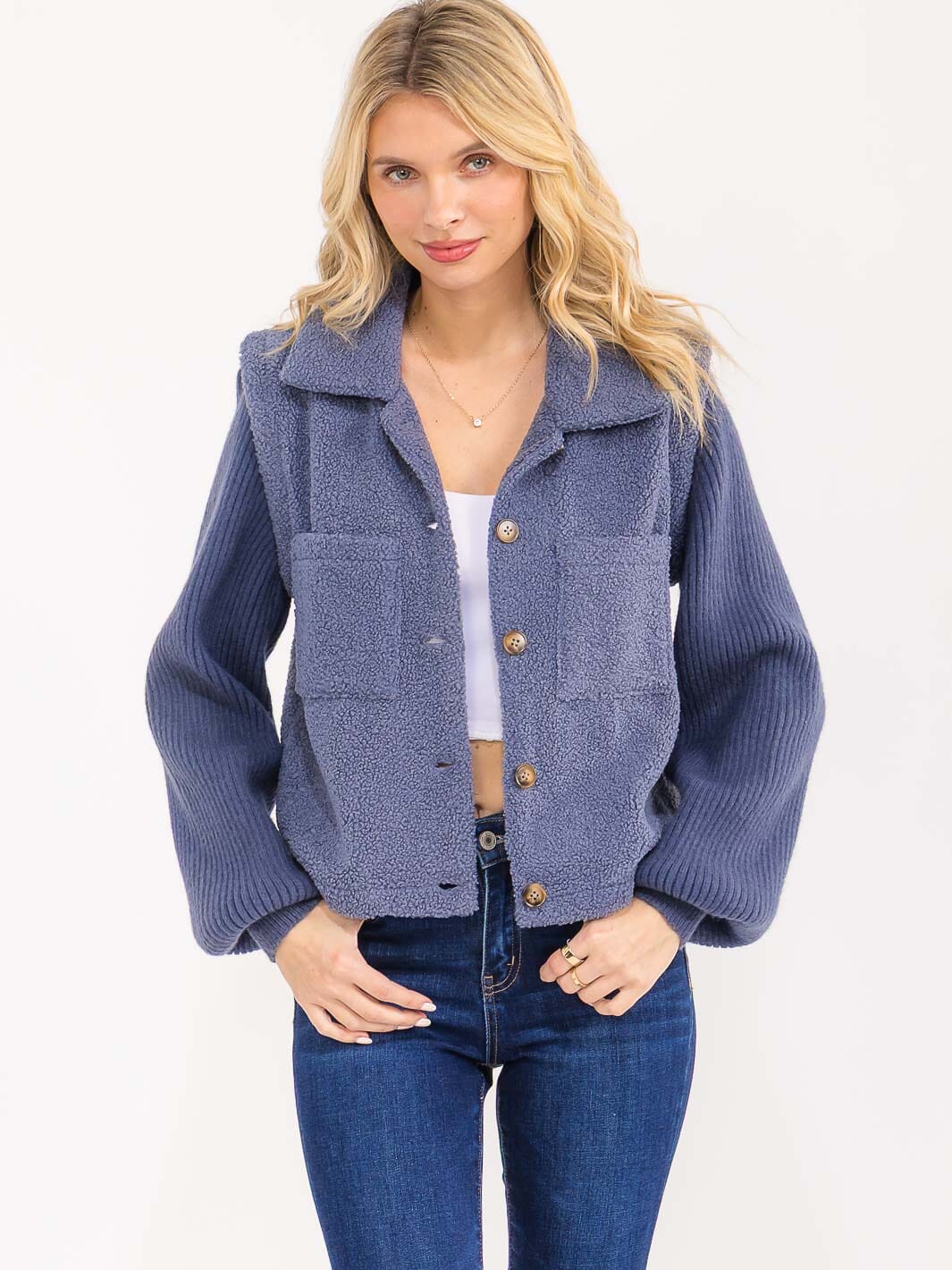 WOMEN'S LONG SLEEVE BUTTON UP FRONT POCKETS CONTRAST JACKET