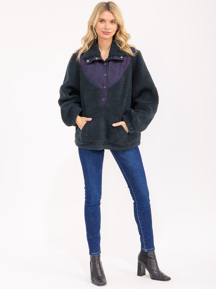 WOMEN'S LONG SLEEVE BUTTON UP FRONT POCKETS SHERPA PULLOVER SWEATER