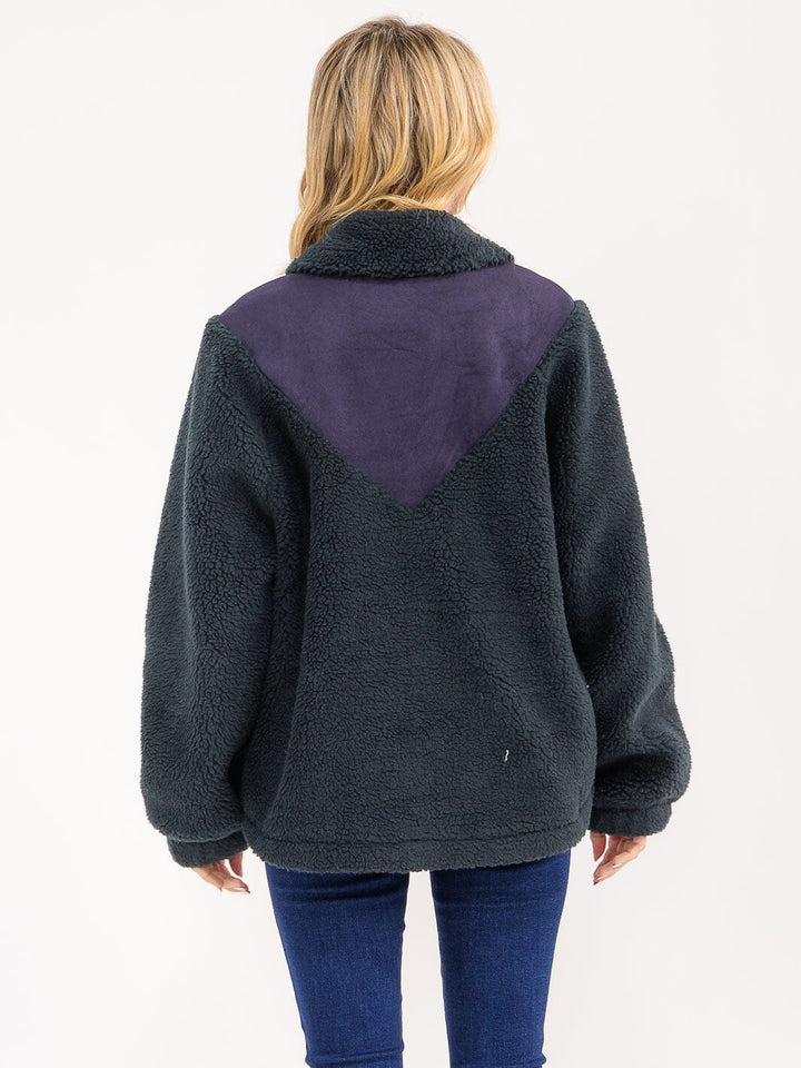 WOMEN'S LONG SLEEVE BUTTON UP FRONT POCKETS SHERPA PULLOVER SWEATER