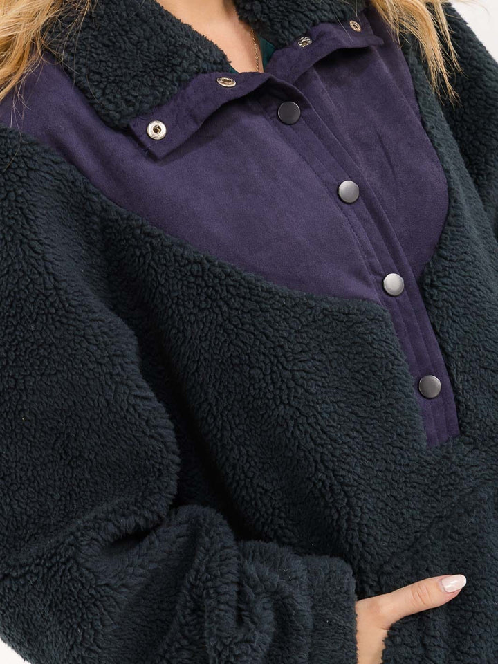 WOMEN'S LONG SLEEVE BUTTON UP FRONT POCKETS SHERPA PULLOVER SWEATER