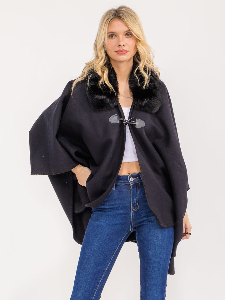 WOMEN'S BUTTON CLOSURE FAUX FUR COLLAR WRAP PONCHO
