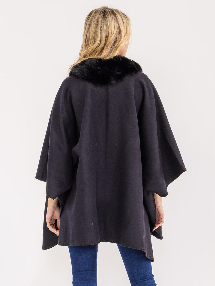 WOMEN'S BUTTON CLOSURE FAUX FUR COLLAR WRAP PONCHO