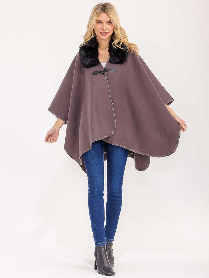 WOMEN'S BUTTON CLOSURE FAUX FUR COLLAR WRAP PONCHO
