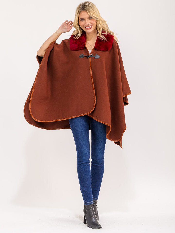 WOMEN'S BUTTON CLOSURE FAUX FUR COLLAR WRAP PONCHO