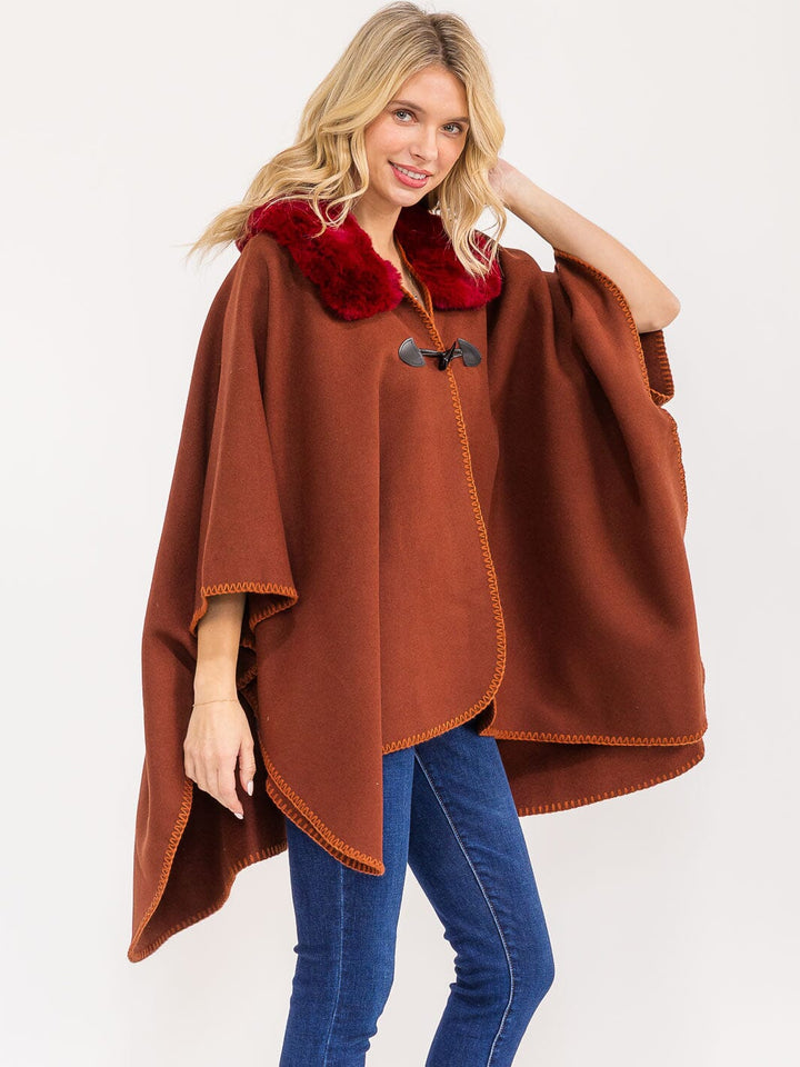 WOMEN'S BUTTON CLOSURE FAUX FUR COLLAR WRAP PONCHO