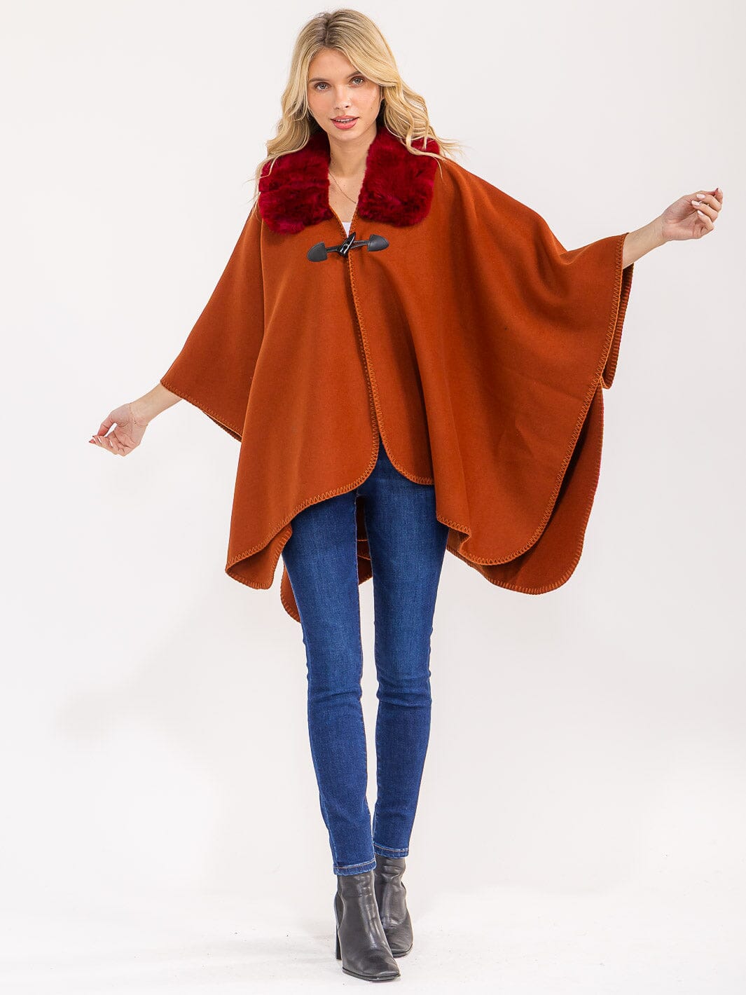 WOMEN'S BUTTON CLOSURE FAUX FUR COLLAR WRAP PONCHO