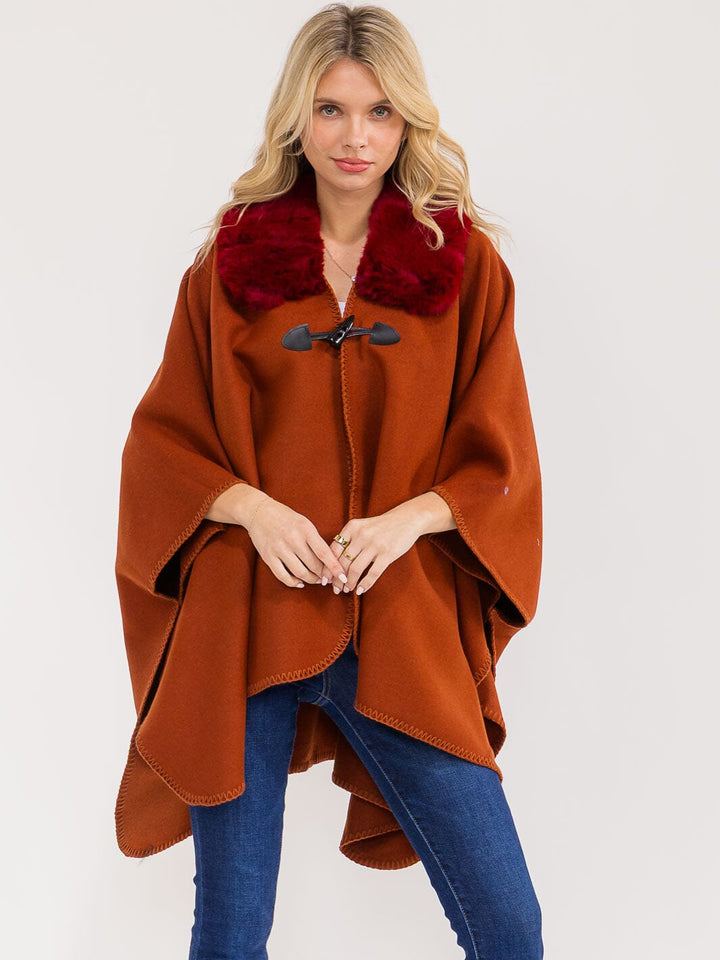 WOMEN'S BUTTON CLOSURE FAUX FUR COLLAR WRAP PONCHO