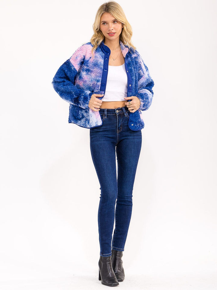 WOMEN'S LONG SLEEVE BUTTON UP FRONT POCKETS SHERPA TIE DYE JACKET