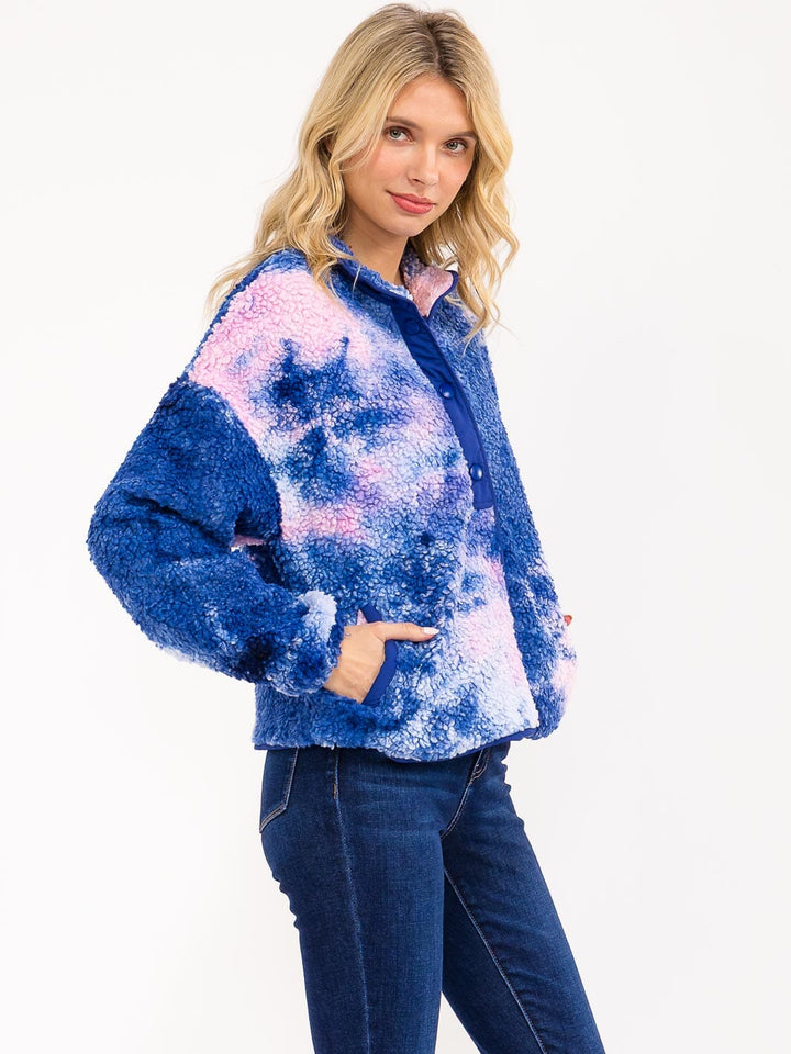 WOMEN'S LONG SLEEVE BUTTON UP FRONT POCKETS SHERPA TIE DYE JACKET