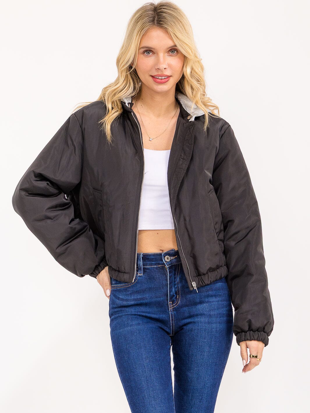 WOMEN'S LONG SLEEVE ZIPPER CLOSURE FRONT POCKETS REMOVABLE HOODIE BOMBER JACKET