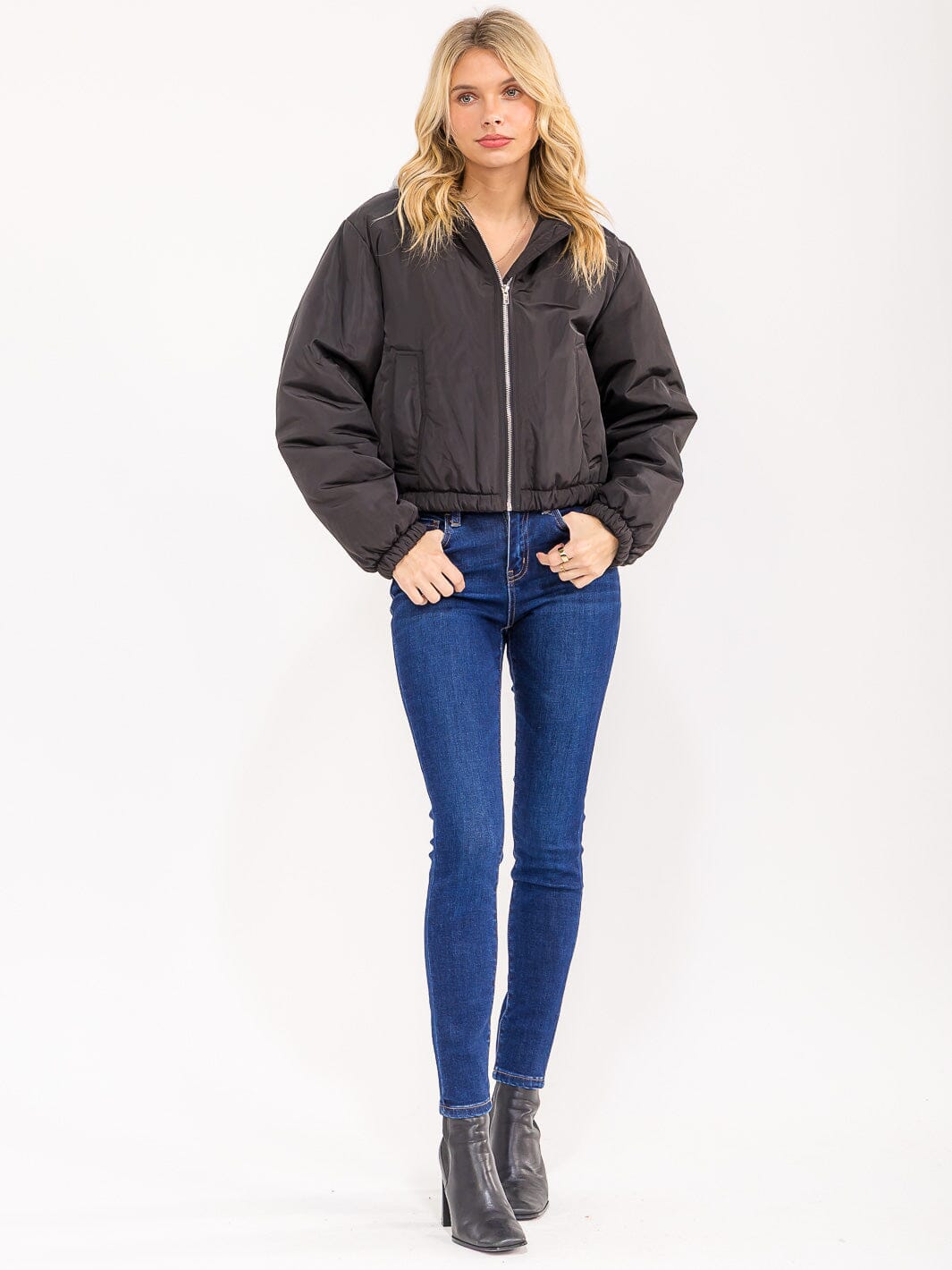 WOMEN'S LONG SLEEVE ZIPPER CLOSURE FRONT POCKETS REMOVABLE HOODIE BOMBER JACKET