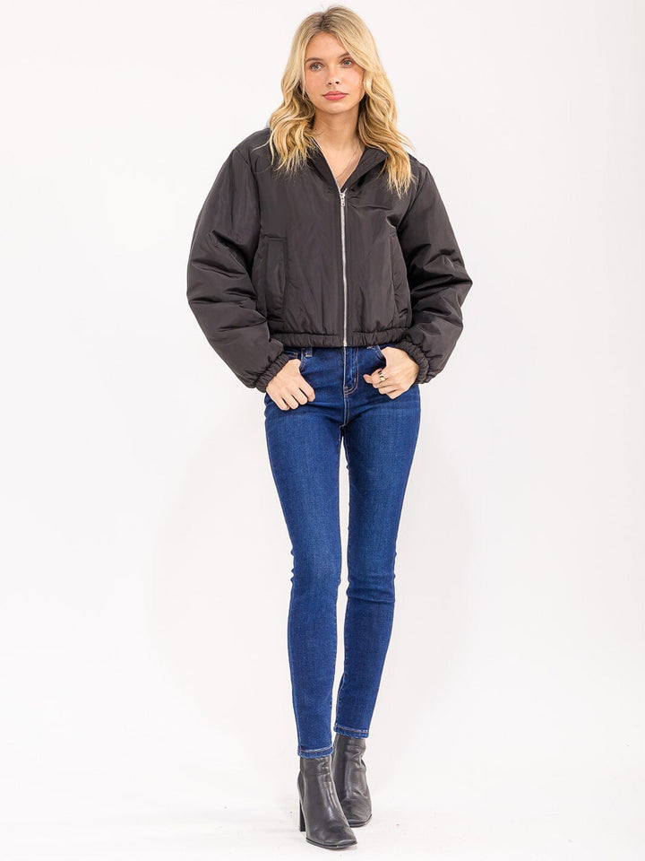 WOMEN'S LONG SLEEVE ZIPPER CLOSURE FRONT POCKETS REMOVABLE HOODIE BOMBER JACKET