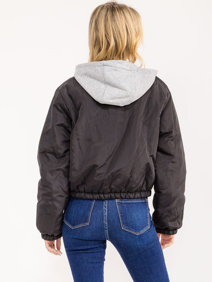 WOMEN'S LONG SLEEVE ZIPPER CLOSURE FRONT POCKETS REMOVABLE HOODIE BOMBER JACKET