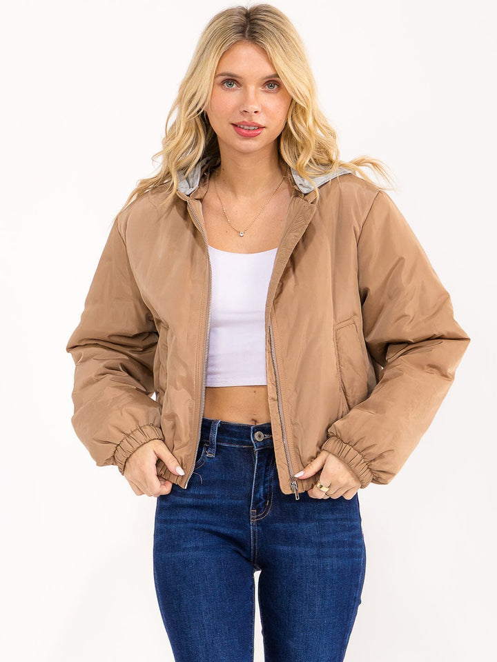 WOMEN'S LONG SLEEVE ZIPPER CLOSURE FRONT POCKETS REMOVABLE HOODIE BOMBER JACKET