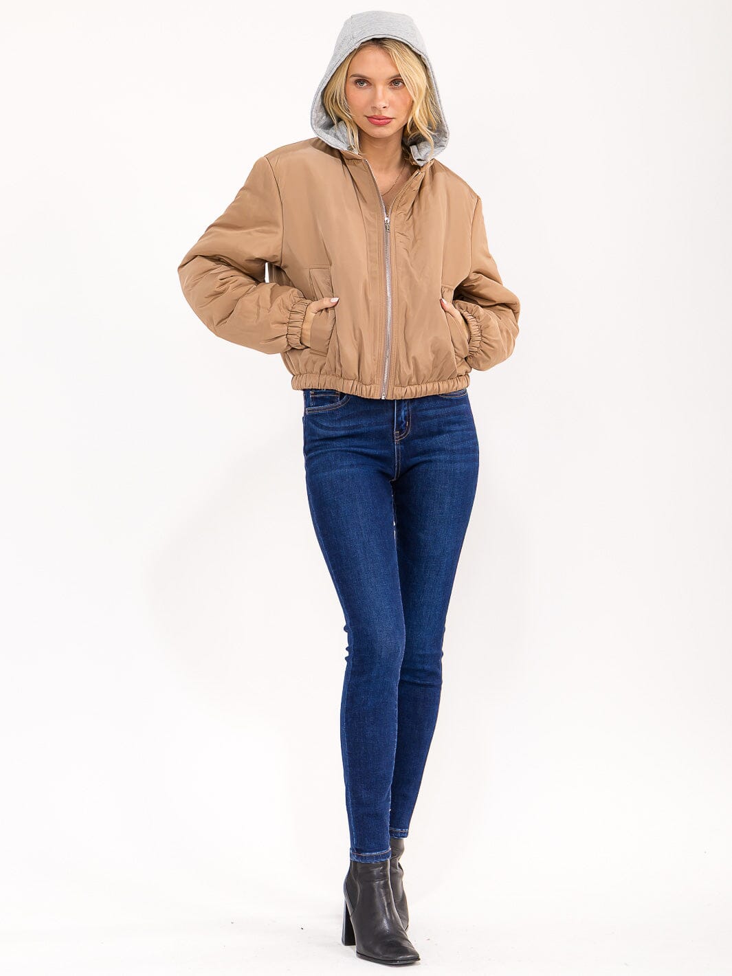 WOMEN'S LONG SLEEVE ZIPPER CLOSURE FRONT POCKETS REMOVABLE HOODIE BOMBER JACKET