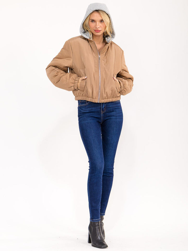 WOMEN'S LONG SLEEVE ZIPPER CLOSURE FRONT POCKETS REMOVABLE HOODIE BOMBER JACKET