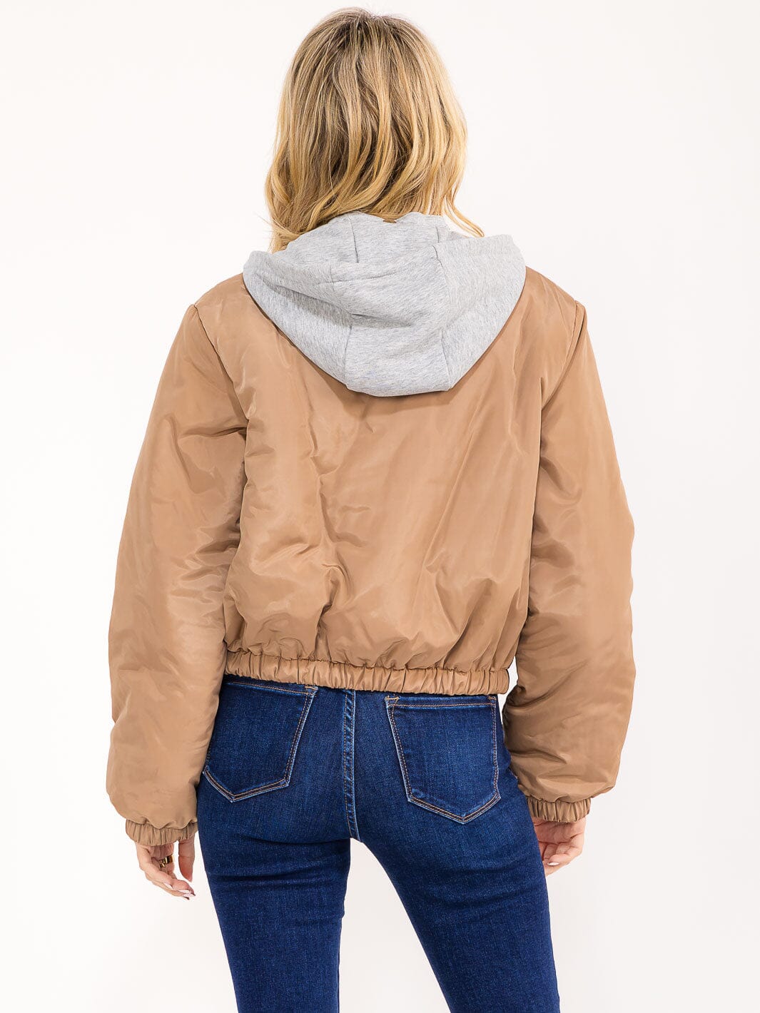 WOMEN'S LONG SLEEVE ZIPPER CLOSURE FRONT POCKETS REMOVABLE HOODIE BOMBER JACKET