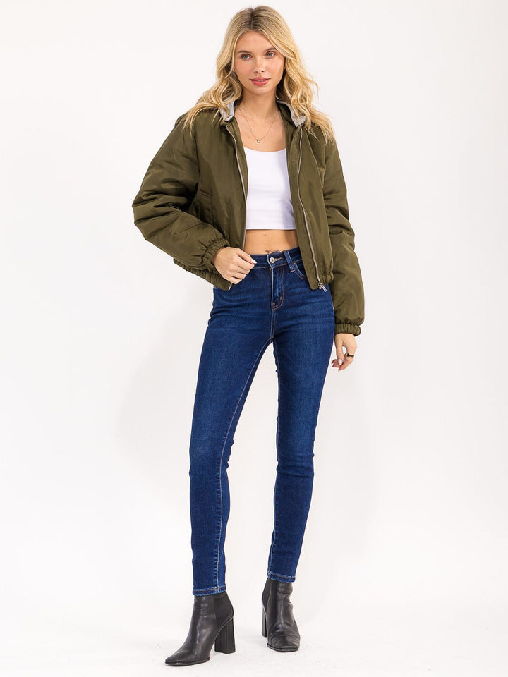 WOMEN'S LONG SLEEVE ZIPPER CLOSURE FRONT POCKETS REMOVABLE HOODIE BOMBER JACKET