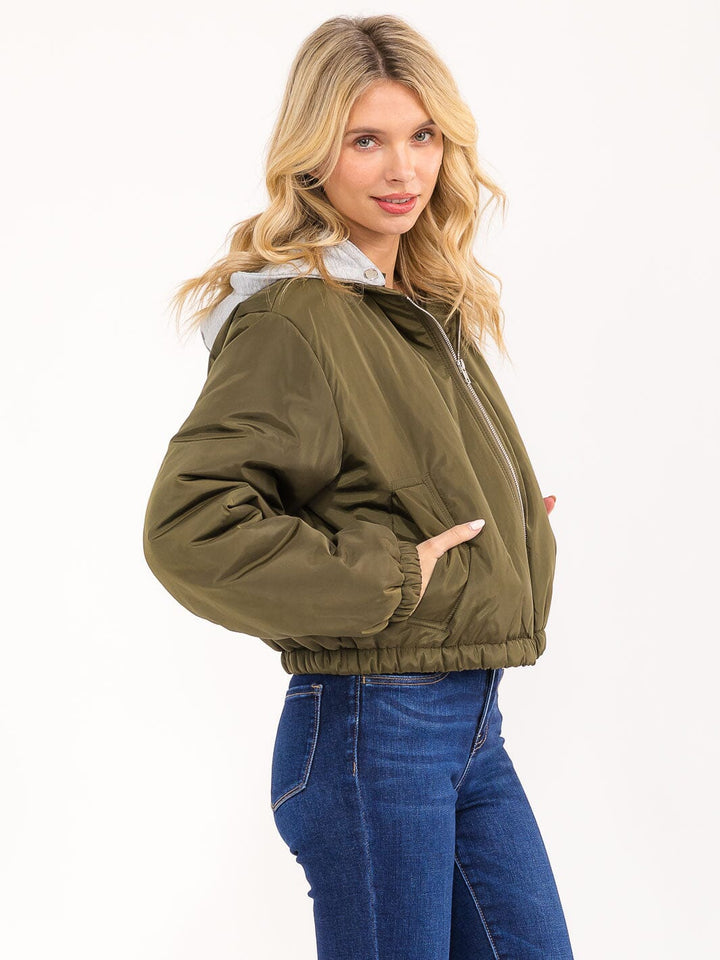 WOMEN'S LONG SLEEVE ZIPPER CLOSURE FRONT POCKETS REMOVABLE HOODIE BOMBER JACKET