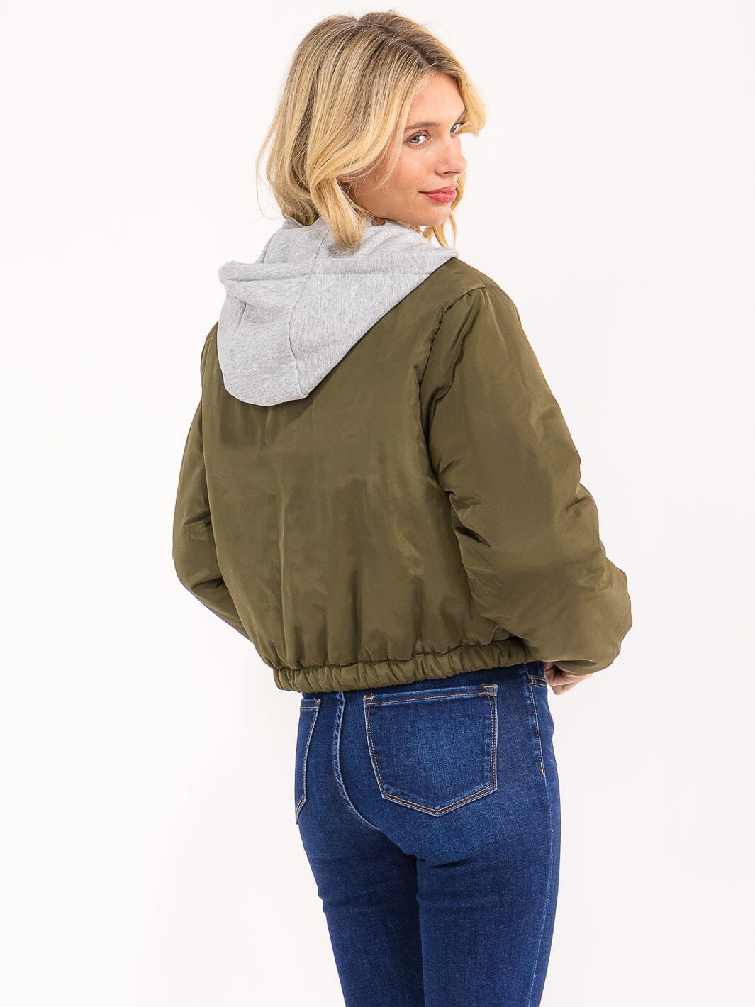 WOMEN'S LONG SLEEVE ZIPPER CLOSURE FRONT POCKETS REMOVABLE HOODIE BOMBER JACKET