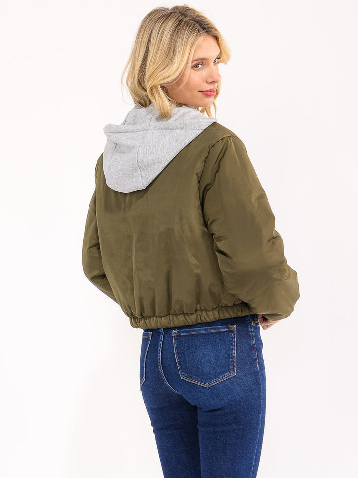 WOMEN'S LONG SLEEVE ZIPPER CLOSURE FRONT POCKETS REMOVABLE HOODIE BOMBER JACKET