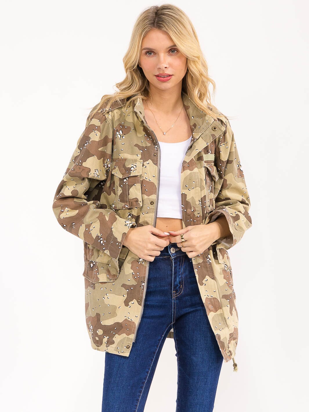 WOMEN'S LONG SLEEVE ZIP UP FRONT POCKETS CAMO DENIM JACKET
