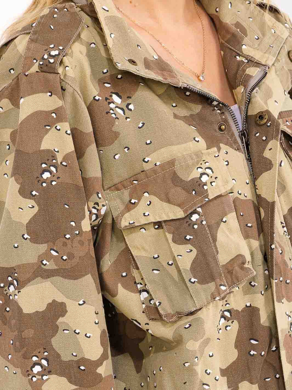 WOMEN'S LONG SLEEVE ZIP UP FRONT POCKETS CAMO DENIM JACKET