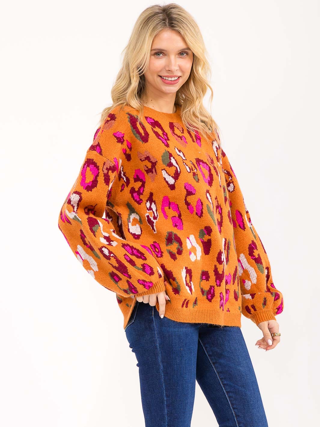 WOMEN'S LONG SLEEVE ANIMAL PRINT PULLOVER SWEATER