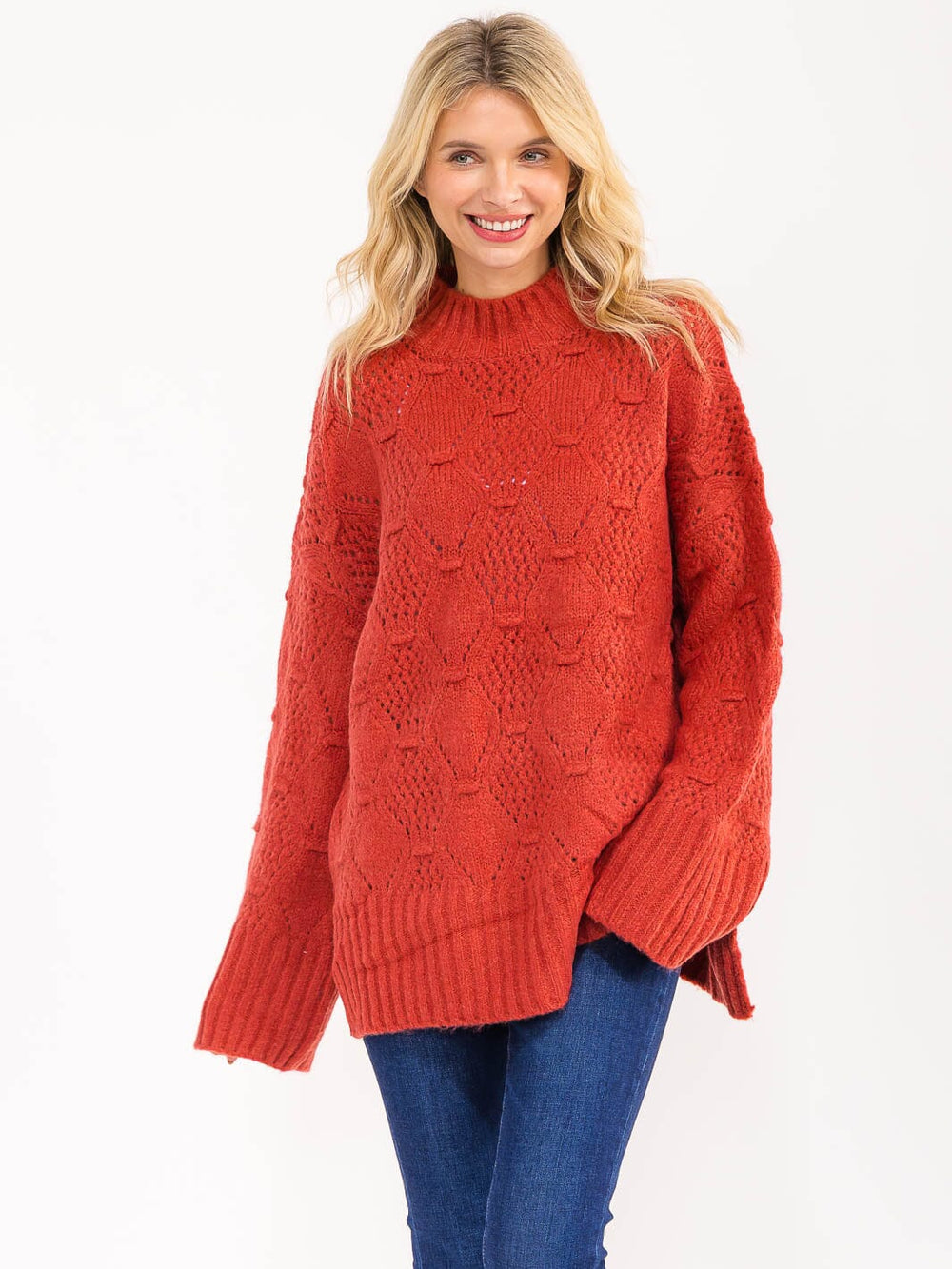 WOMEN'S LONG SLEEVE MOCK NECK KNIT OVERSIZED PULLOVER SWEATER