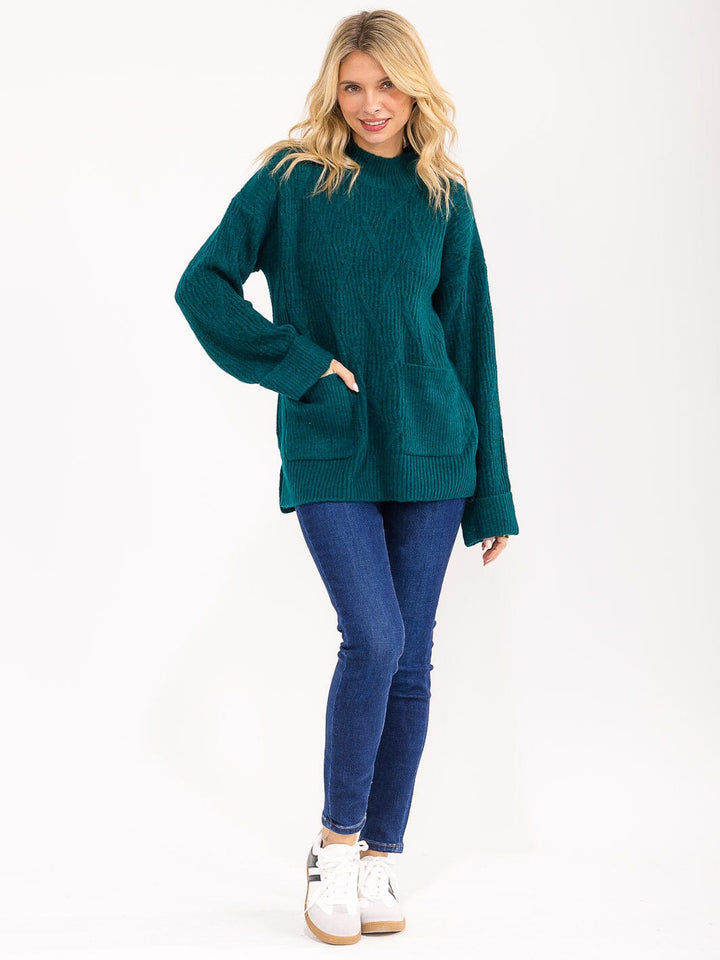 WOMEN'S LONG SLEEVE MOCK NECK FRONT POCKETS KNIT PULLOVER SWEATER