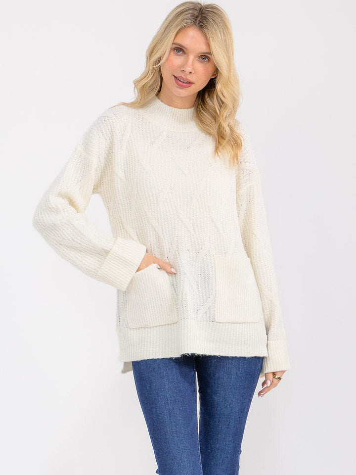 WOMEN'S LONG SLEEVE MOCK NECK FRONT POCKETS KNIT PULLOVER SWEATER