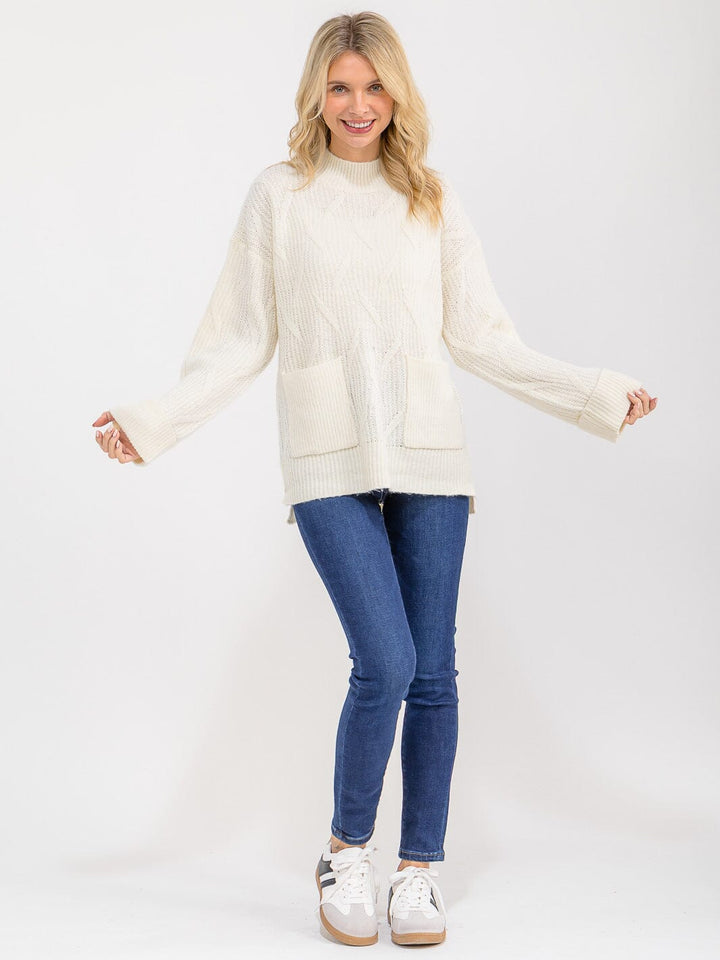 WOMEN'S LONG SLEEVE MOCK NECK FRONT POCKETS KNIT PULLOVER SWEATER