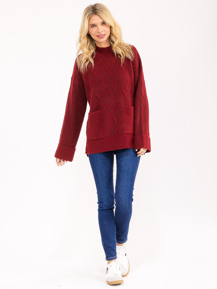 WOMEN'S LONG SLEEVE MOCK NECK FRONT POCKETS KNIT PULLOVER SWEATER