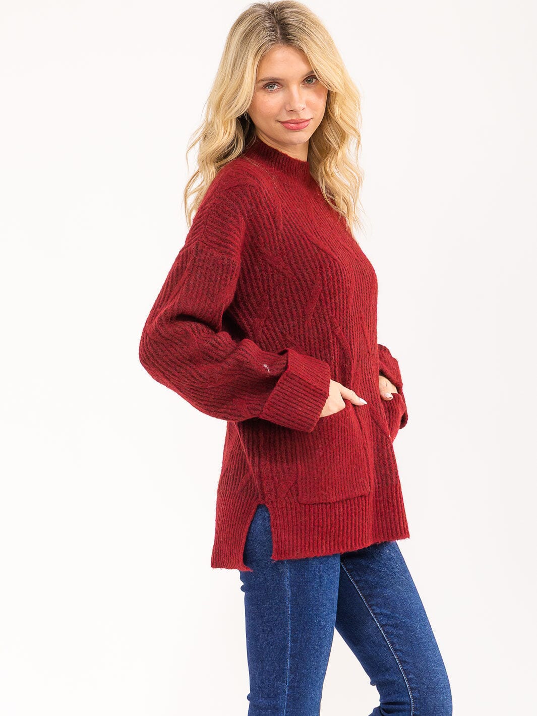 WOMEN'S LONG SLEEVE MOCK NECK FRONT POCKETS KNIT PULLOVER SWEATER