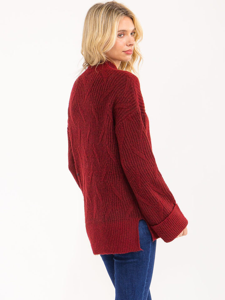 WOMEN'S LONG SLEEVE MOCK NECK FRONT POCKETS KNIT PULLOVER SWEATER