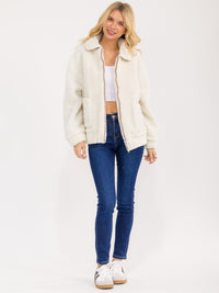 WOMEN'S LONG SLEEVE ZIP UP FRONT POCKETS SHERPA JACKET