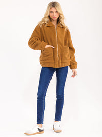 WOMEN'S LONG SLEEVE ZIP UP FRONT POCKETS SHERPA JACKET