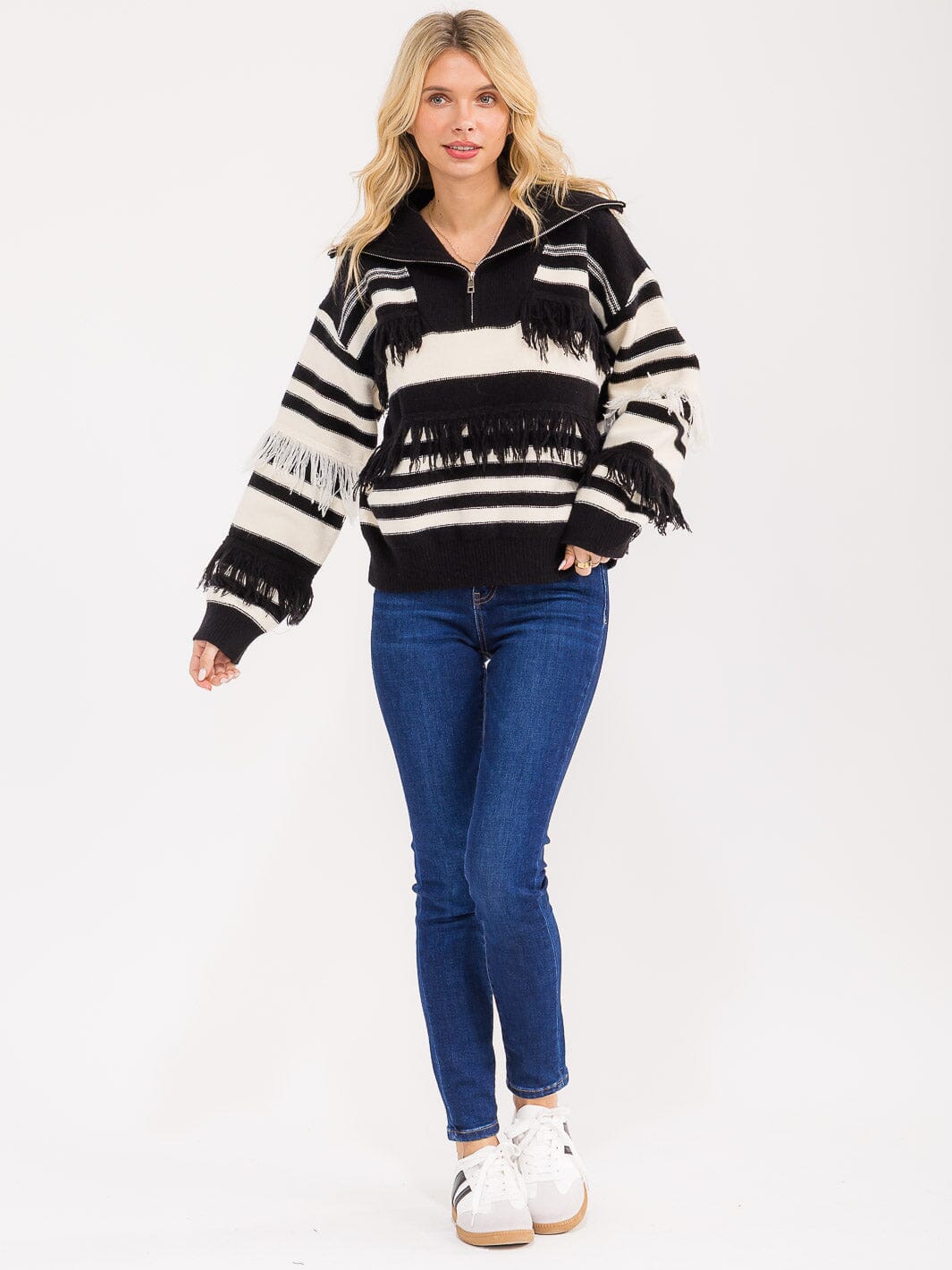 WOMEN'S LONG SLEEVE ZIP UP COLORBLOCK DETAILED PULLOVER SWEATER