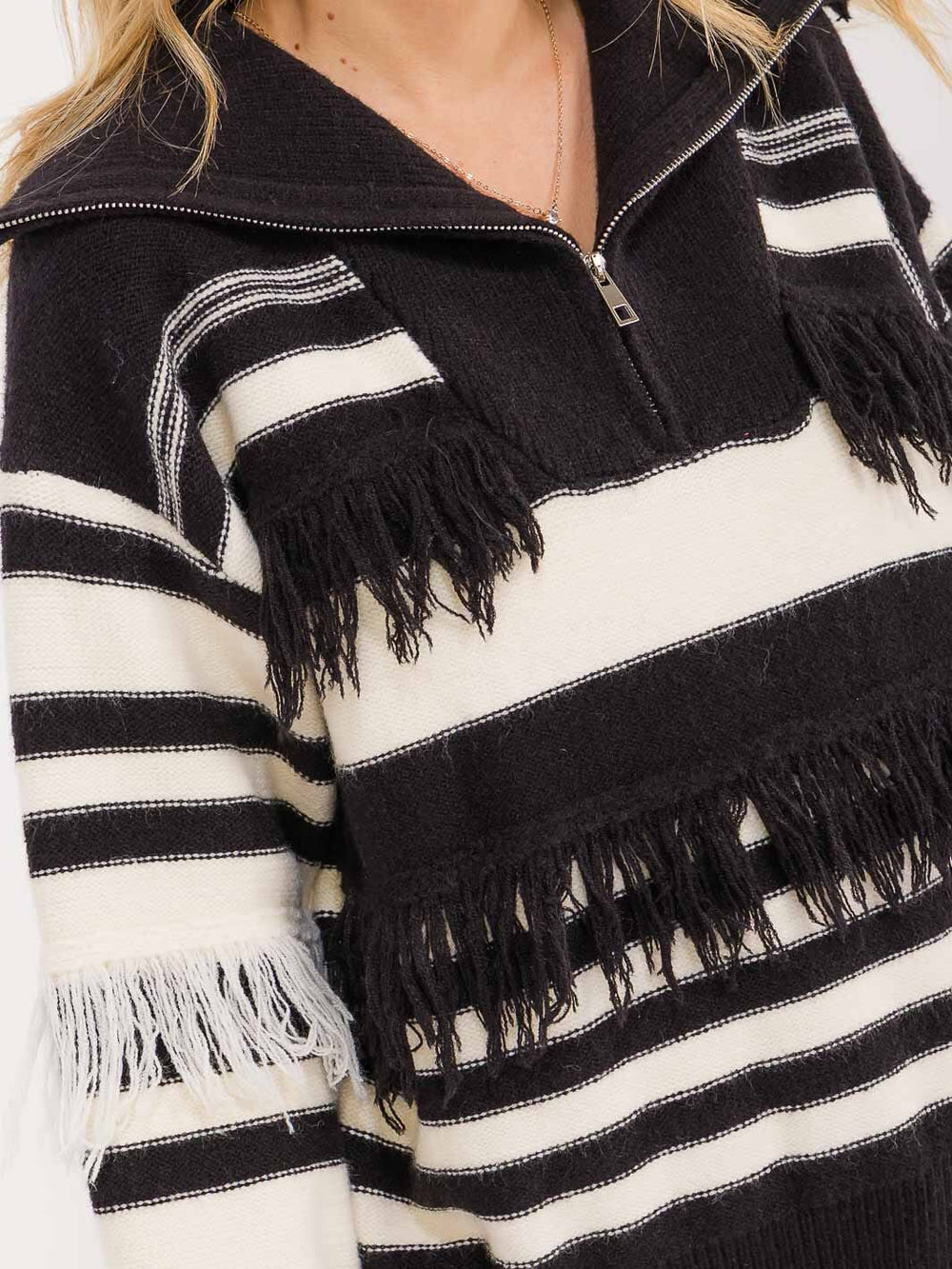 WOMEN'S LONG SLEEVE ZIP UP COLORBLOCK DETAILED PULLOVER SWEATER