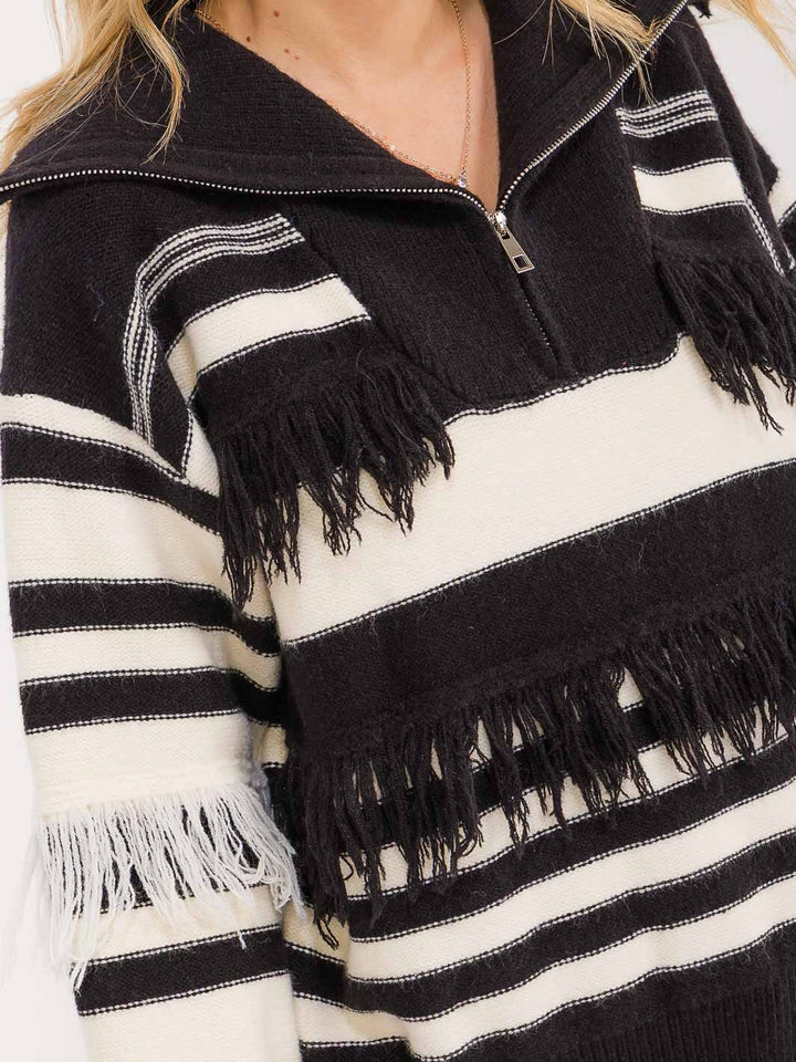 WOMEN'S LONG SLEEVE ZIP UP COLORBLOCK DETAILED PULLOVER SWEATER