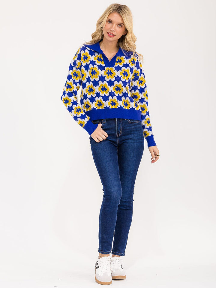 WOMEN'S LONG SLEEVE V-NECK FLORAL PRINT PULLOVER SWEATER