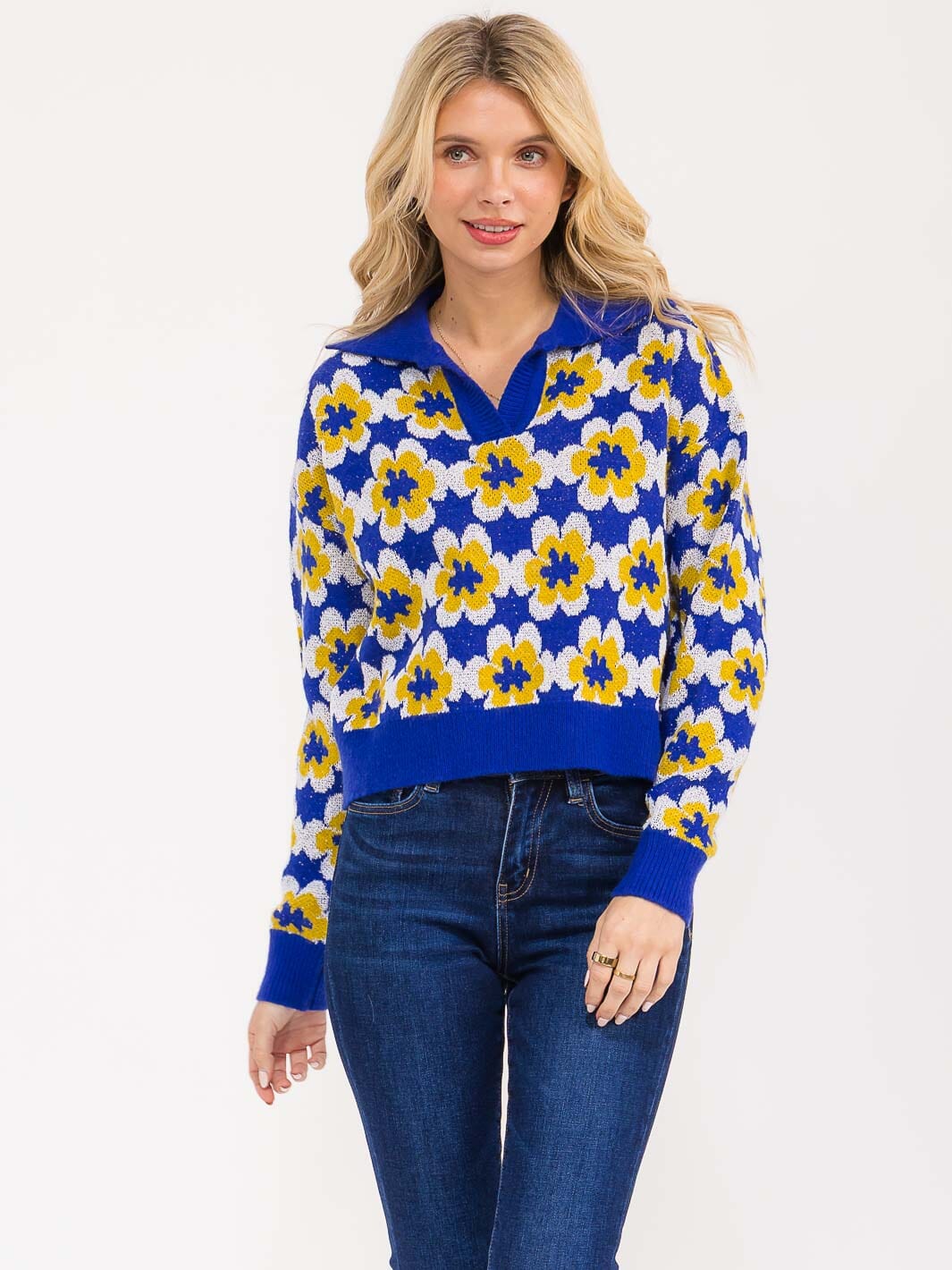 WOMEN'S LONG SLEEVE V-NECK FLORAL PRINT PULLOVER SWEATER