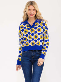 WOMEN'S LONG SLEEVE V-NECK FLORAL PRINT PULLOVER SWEATER