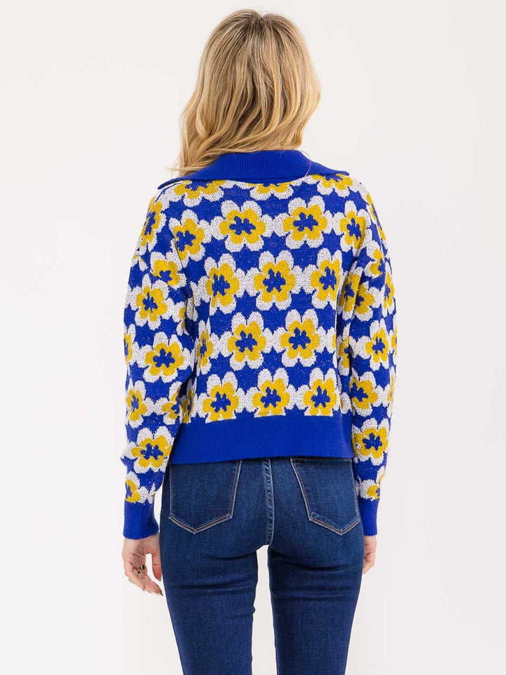 WOMEN'S LONG SLEEVE V-NECK FLORAL PRINT PULLOVER SWEATER