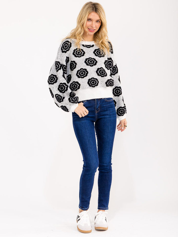 WOMEN'S LONG SLEEVE FLORAL KNIT PULLOVER SWEATER