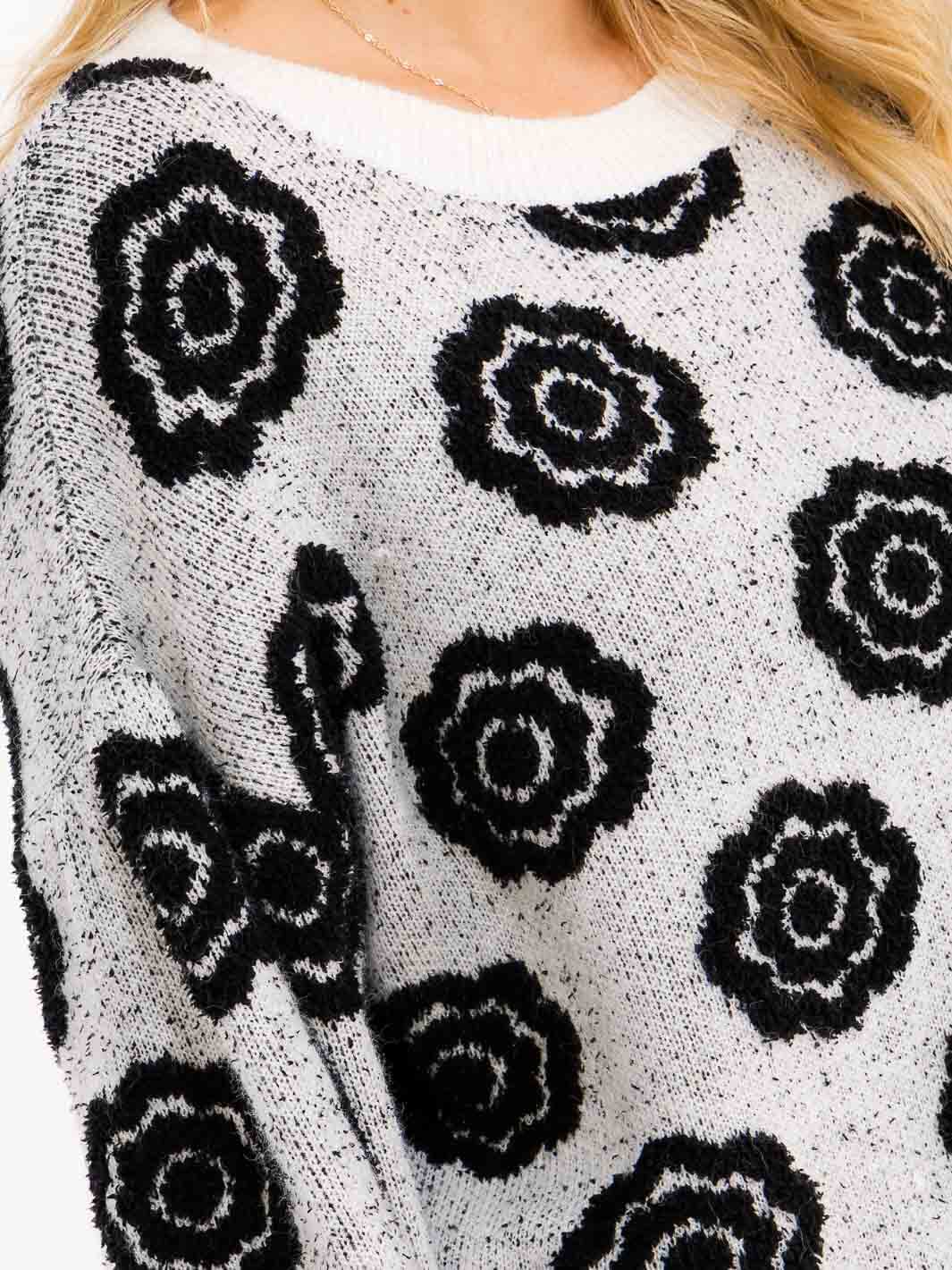 WOMEN'S LONG SLEEVE FLORAL KNIT PULLOVER SWEATER