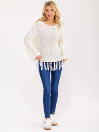 WOMEN'S LONG SLEEVE FRINGE KNIT PULLOVER SWEATER