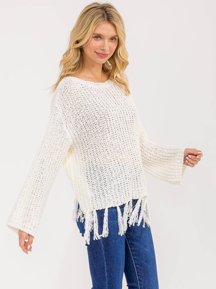WOMEN'S LONG SLEEVE FRINGE KNIT PULLOVER SWEATER