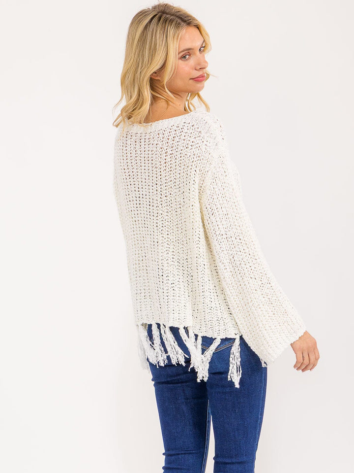 WOMEN'S LONG SLEEVE FRINGE KNIT PULLOVER SWEATER
